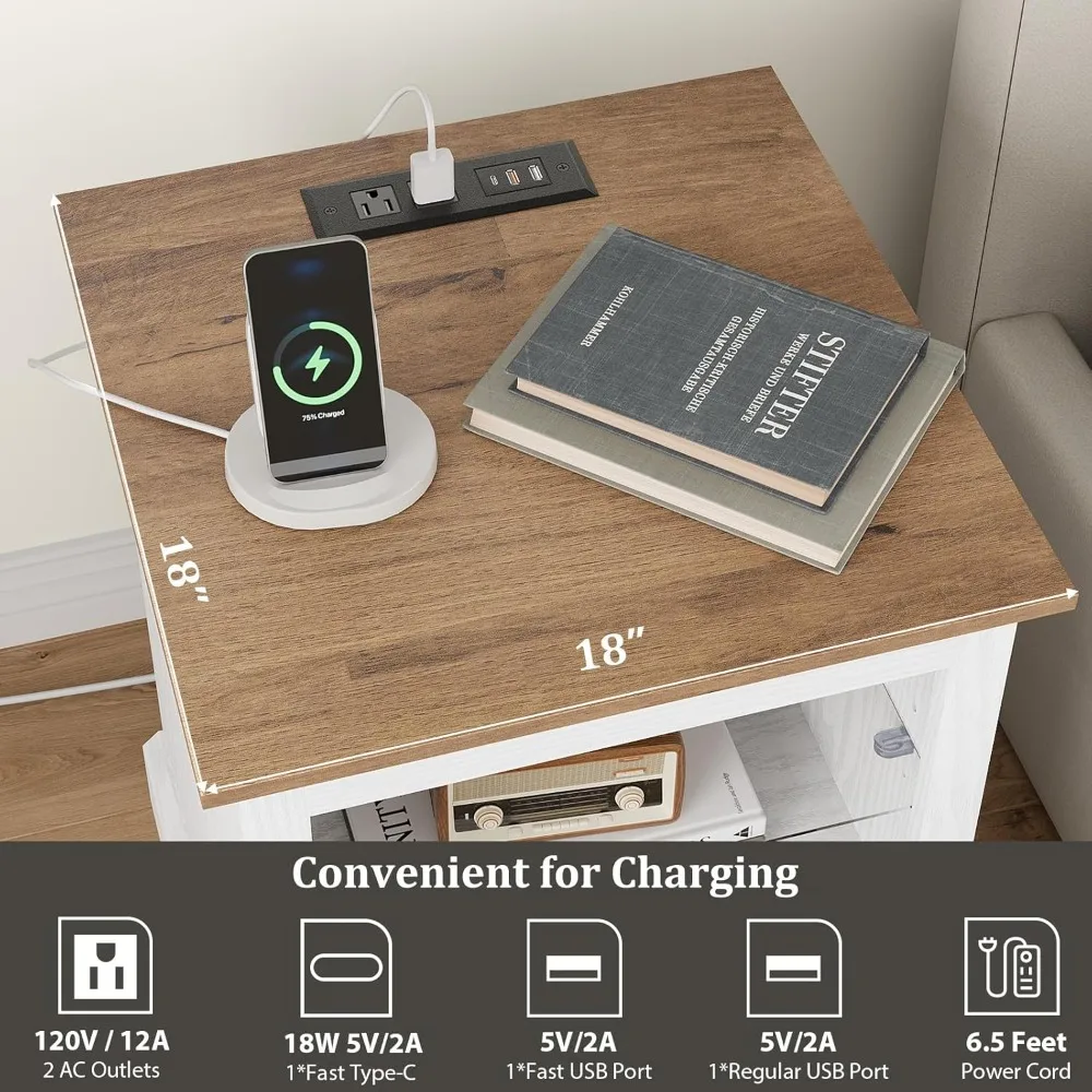 LED Lighted Charging Station Nightstand Set of 2, Modern End Tables with Adjustable Shelves, Storage Drawers, White Finish
