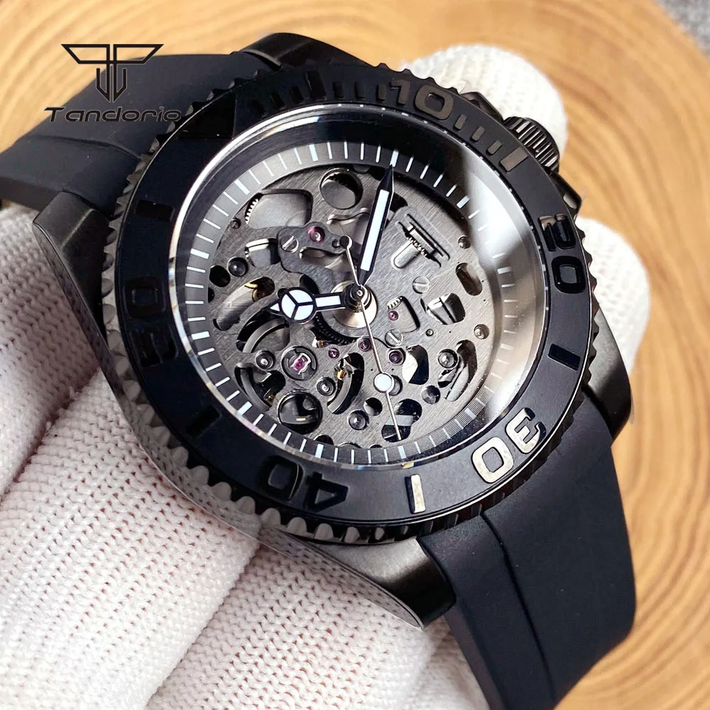 

Tandorio NH72 Black PVD Automatic Mechanical Watch Sapphire Crystal Hollow Dial 40mm Men's Wristwatch Ceramic Bezel Rubber Strap