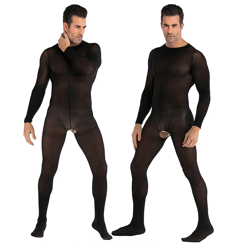 Full Body Tights Unisex Bodysuits เปิด Crotch Men Bodysuits ชุดชั้นในเซ็กซี่ Crotchless ชุดนอนสีดําคอสเพลย์เครื่องแต่งกายเกย์ Exotic