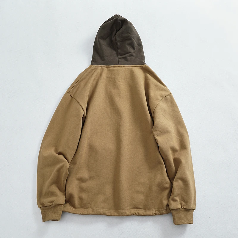 Autumn Winter Contrasting Color Splicing Hooded Sweatshirt Hem Drawstring Adjustment Pullover Light Fleece Jacket for Men