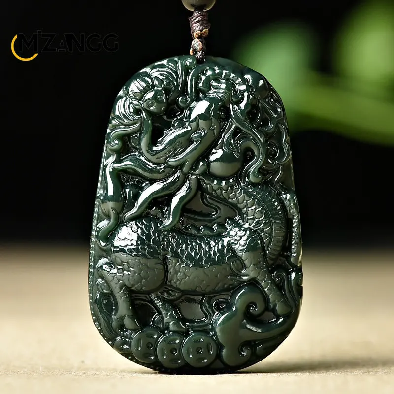 Hetian Jade Green Jade Hand-carved Qilin Pendant Ink Jade Black and Blue Jade Pendant Women's Jade Necklace Men's Pendant