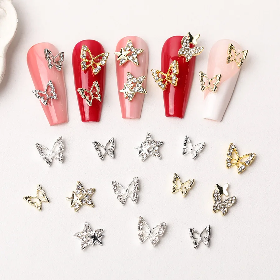 Oco Pentagram Star Butterfly Nail Art Charms, cristais brilhantes, Diamante Nails Decorações, Liga 3D, Acessórios de luxo, 10pcs