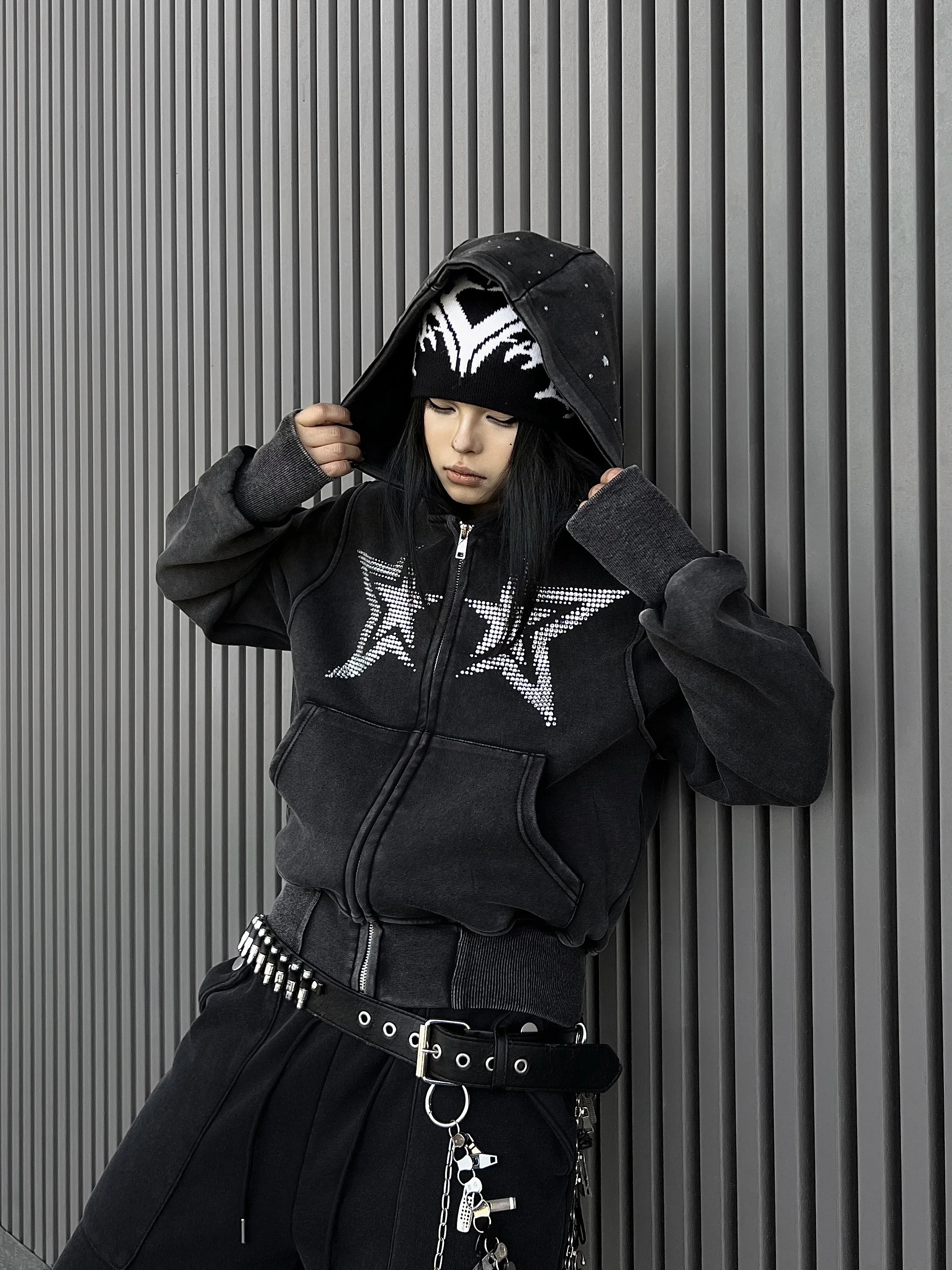 

Винтажная американская толстовка-худи с пятиконечной звездой из страз, уличная модная куртка на молнии