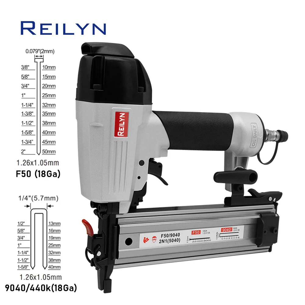 Reilyn 18Ga 2 IN 1 Pneumatic Upholstery Nailer F50 Framing Nailing Gun 9040 Air Stapler for Furniture Floor Sofa Woodwork Tool