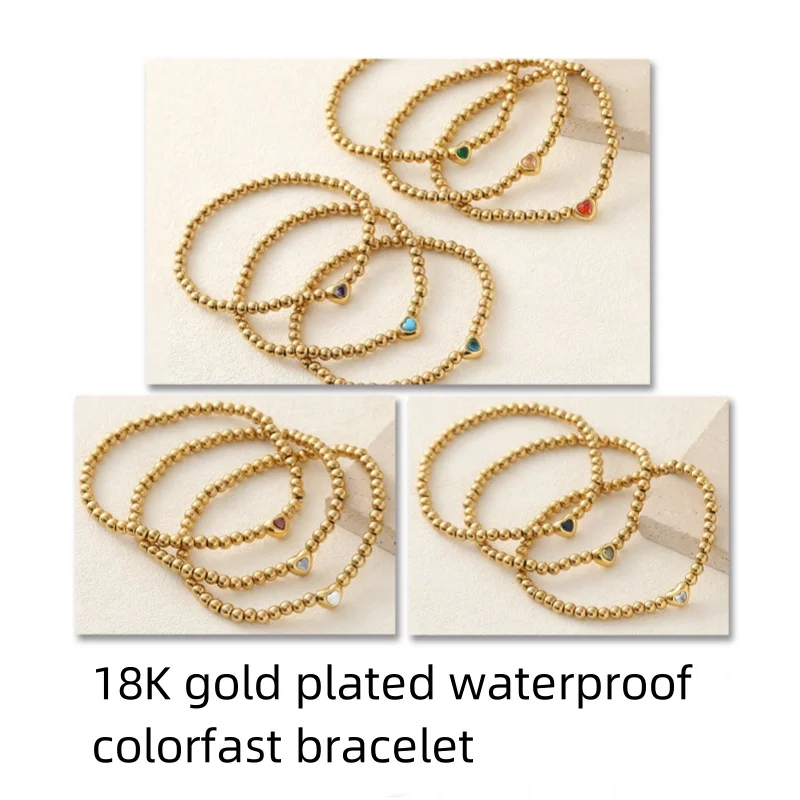 Stainless Steel Birthstone Bracelet 18K Gold Plated 4mm Metal Ball Heart Beaded Bracelets for Women Men Jewelry Birthday Gift