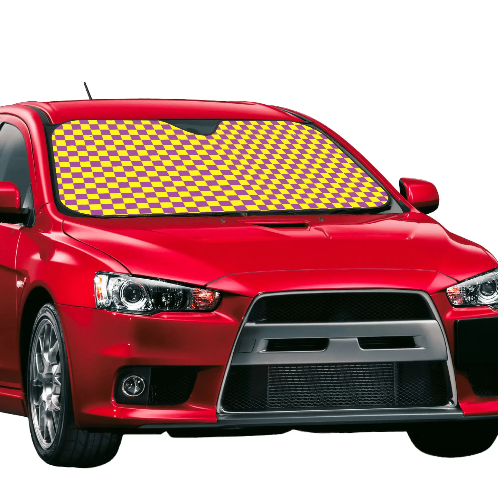 Checkered Purple Yellow Checkerboard Plaid Car Front Windshield Sun Visor UV Protection Car Sun Shade Aluminum Foil Car Sunshade