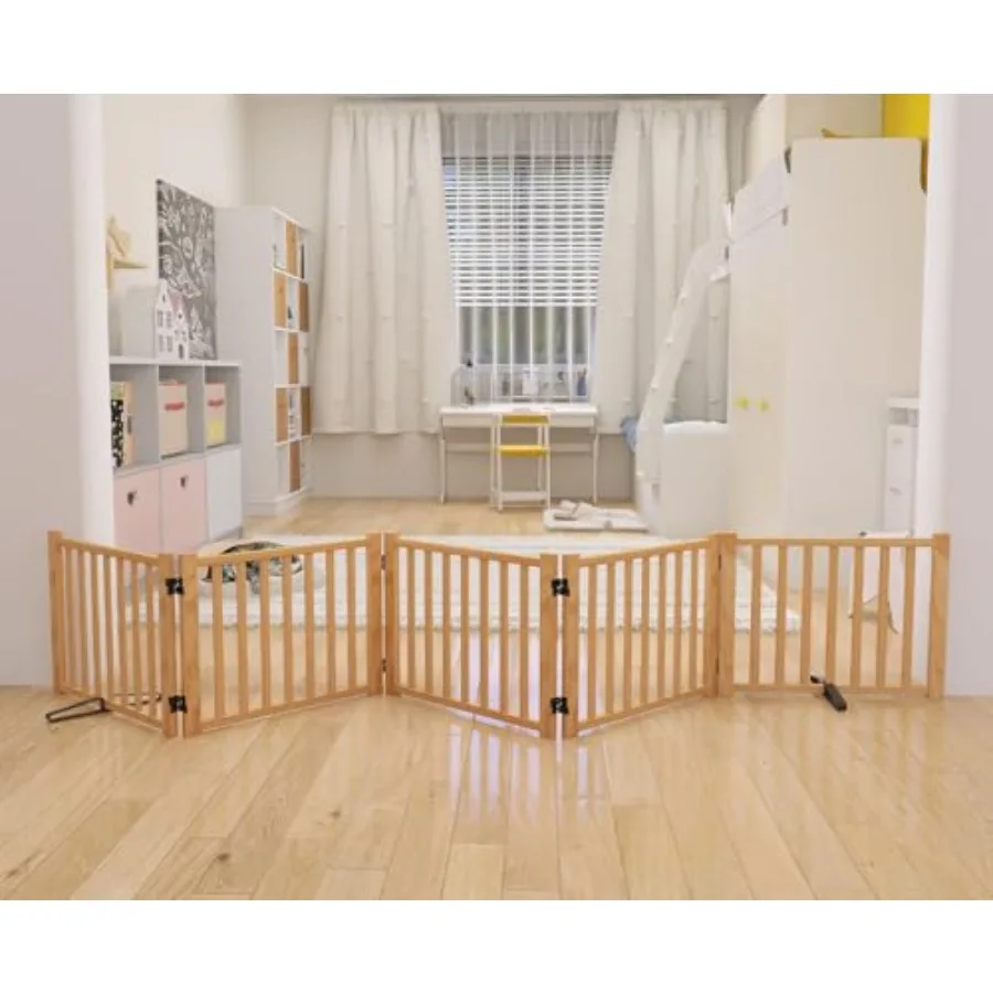 

Indoor pet gate for house doorways and stairs: paint-free wooden freestanding dog fence 5-panel step-over design natural wood c