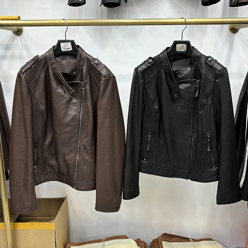 2025 frauen Klassische Frühjahr Echtem Schaffell Leder Moto Biker Stil Jacke Mantel Herbst Echt Leder Jacke