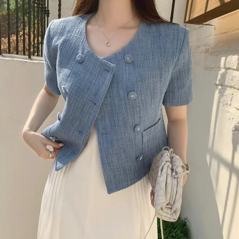 

Women Summer Jacket Crop Top Double Breasted Button Up Coat Ladies Cropped Outfits Sexy Cropped y2k korean clothing slim elegant