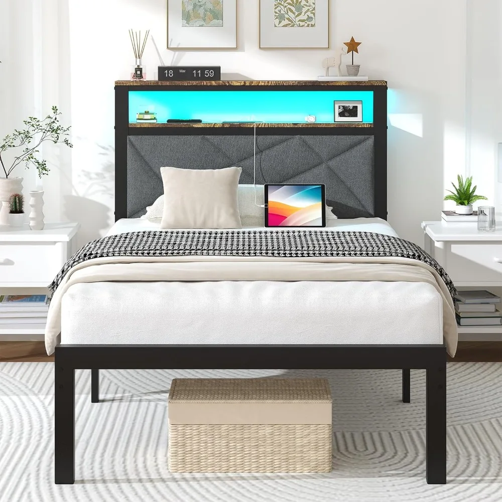 

Twin Bed Frame with Charging Station, LED Lights, Heavy Duty Metal Slats, Headboard with Upholstered Back and Storage Shelves