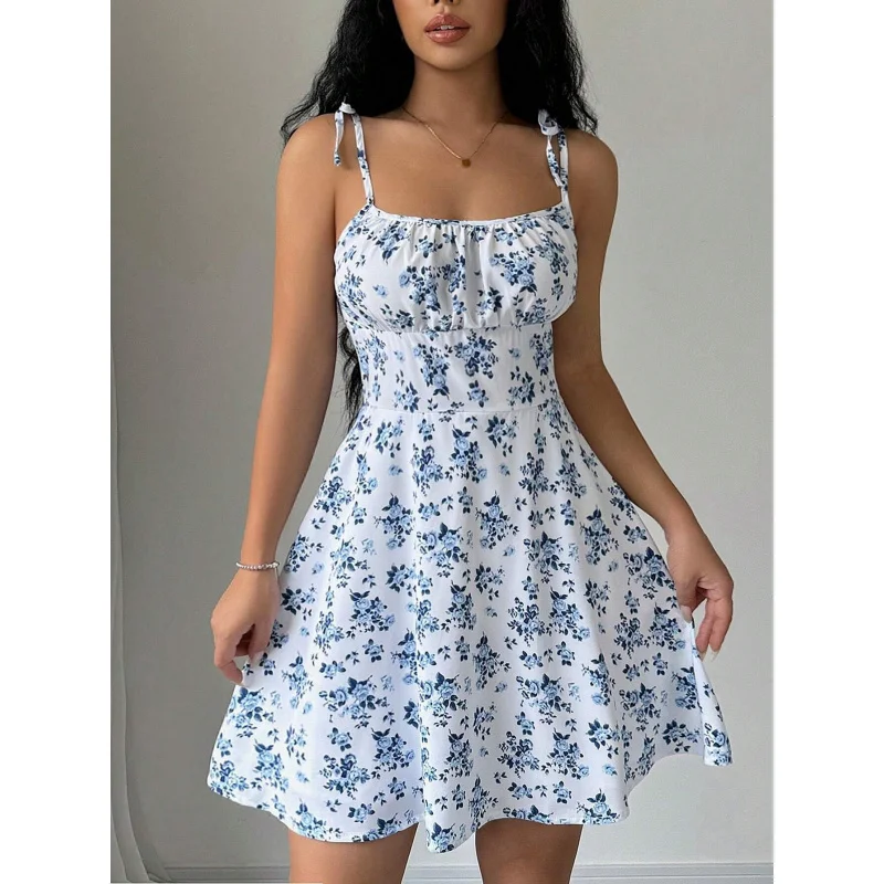 

2025Summer New Women's Fashion Hot-Selling Floral Strap Short Dress Square Neck Gentle Style Short Dress