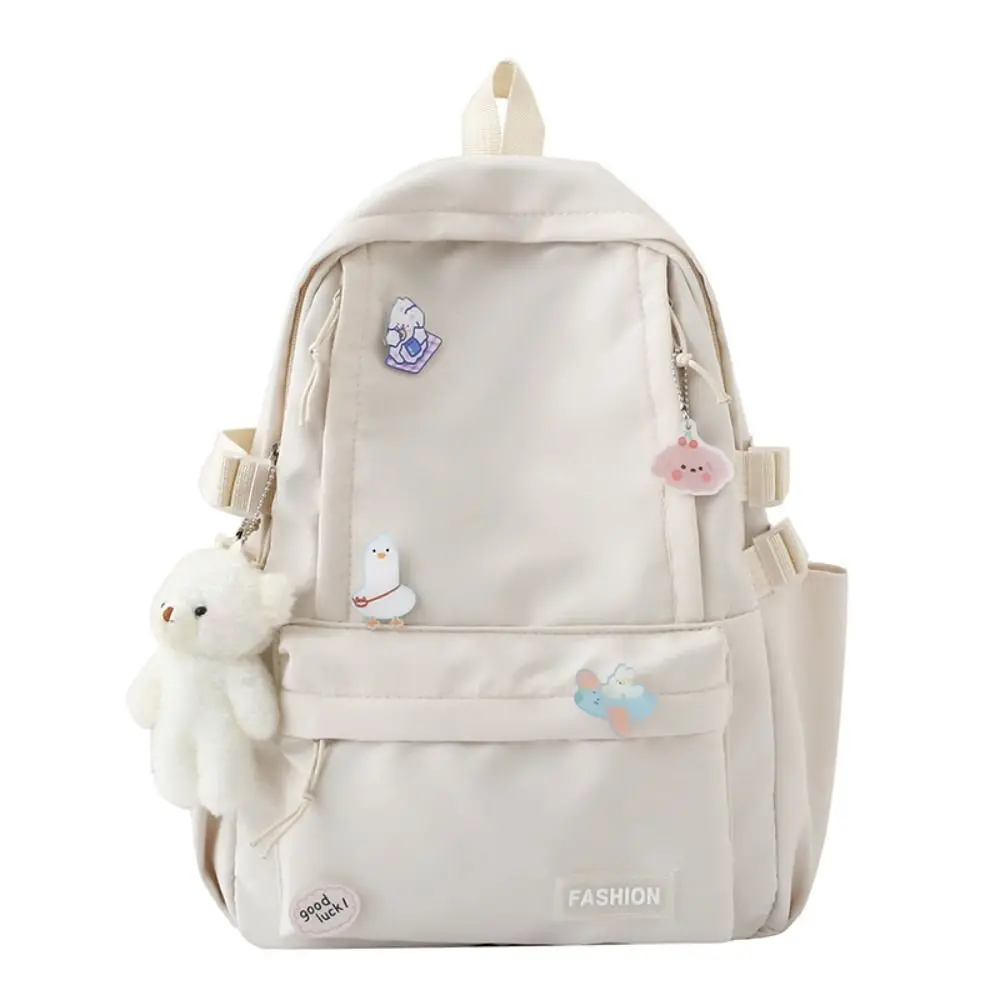 Portable Bear Pendant Solid Color Backpack Badge Korean Style Students School Bag Storage Bag Handbag Shoulder Bag Students