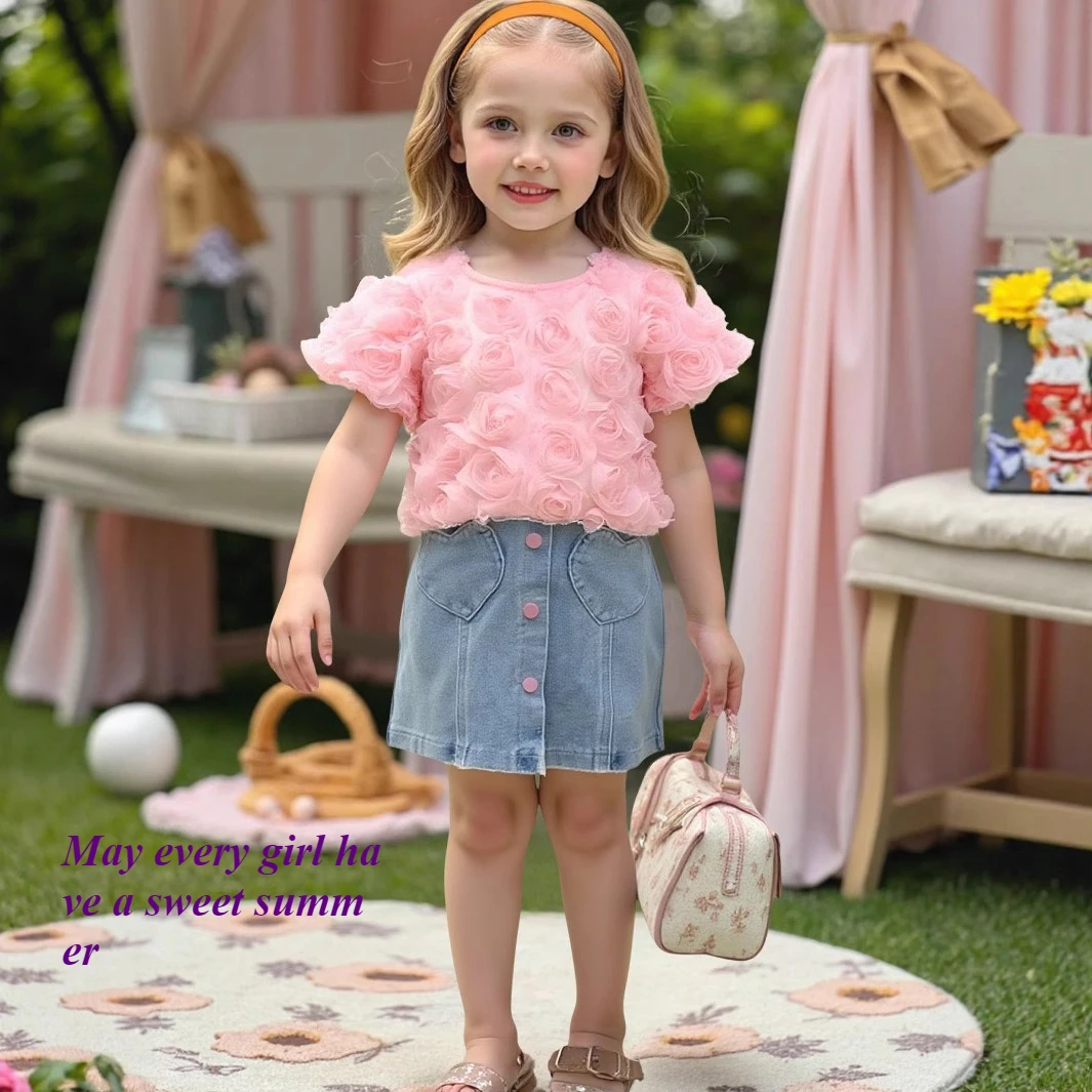 

Комплект джинсовой юбки во французском стиле для девочек, роскошный ветер, темперамент, дизайн розы, модная рубашка, короткая юбка, комплект из 2 предметов, летний комплект