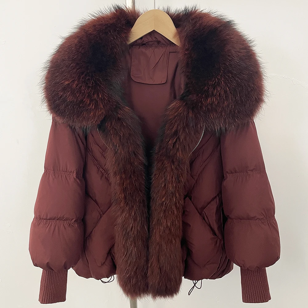 Daunenjacke Winter Großer echter Waschbärpelz Strickärmel Warmer echter Pelzmantel Pufferjacke Damen Dicker weißer Entendaunenmantel Übergröße