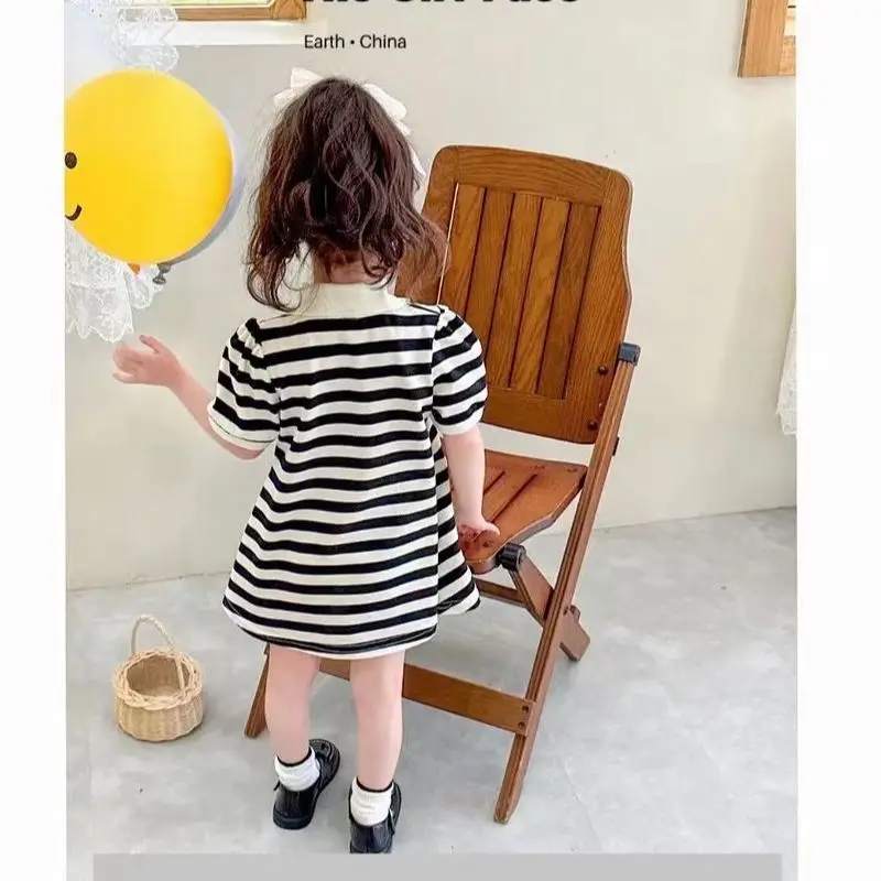 XHGirls' Summer Clothes Children's SummerAWord Skirt Net Red Ocean Style Children Black and White Striped Female Treasure Knitte