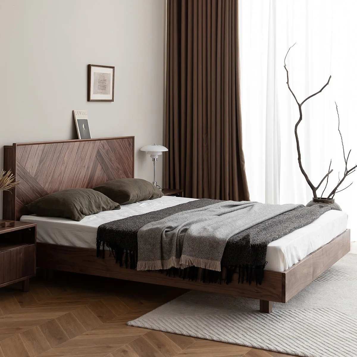 

North American black walnut, suspended solid wood bed, Japanese tatami, double bed