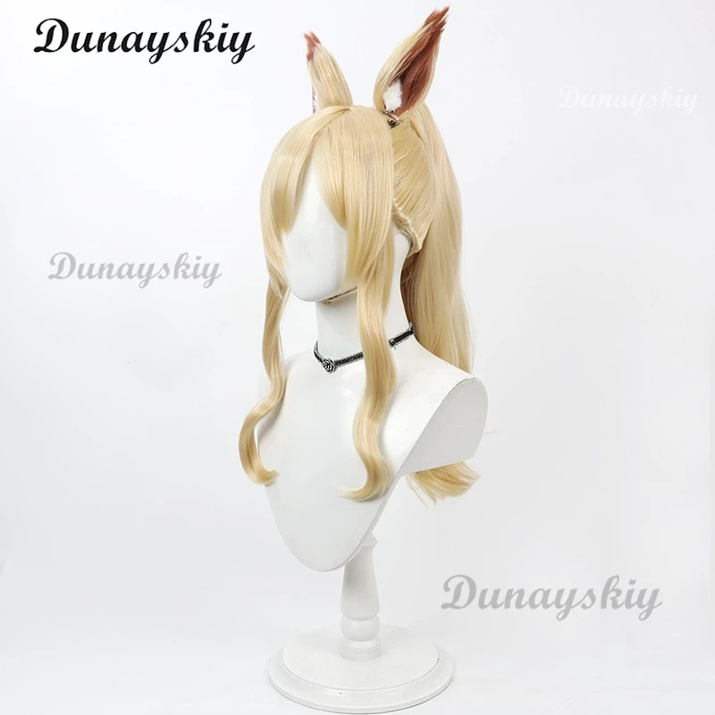 Blue Archive Ogata Kanna Cosplay-Perücke mit Ohren, 60 cm, blonder Pferdeschwanz, Kunsthaar, hitzebeständig, für Halloween, Party, individuell