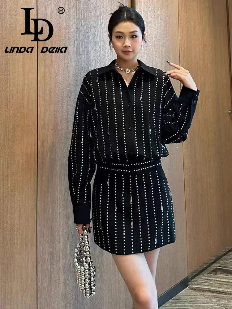 LD LINDA DELL Little black dress shirt with lapel, long sleeved, rhinestone studded, commuting casual fashion dress