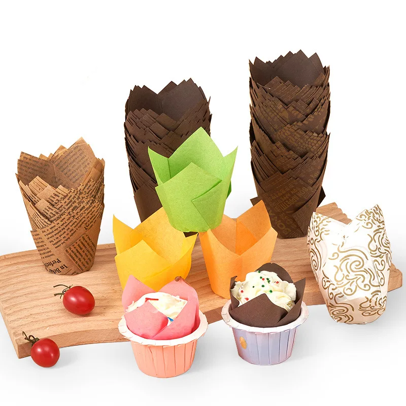 50PCS Newspaper Style Cupcake Liner Baking Cup For Wedding Party Tulip Muffin Cupcake Paper Cup Oilproof Cake Wrapper