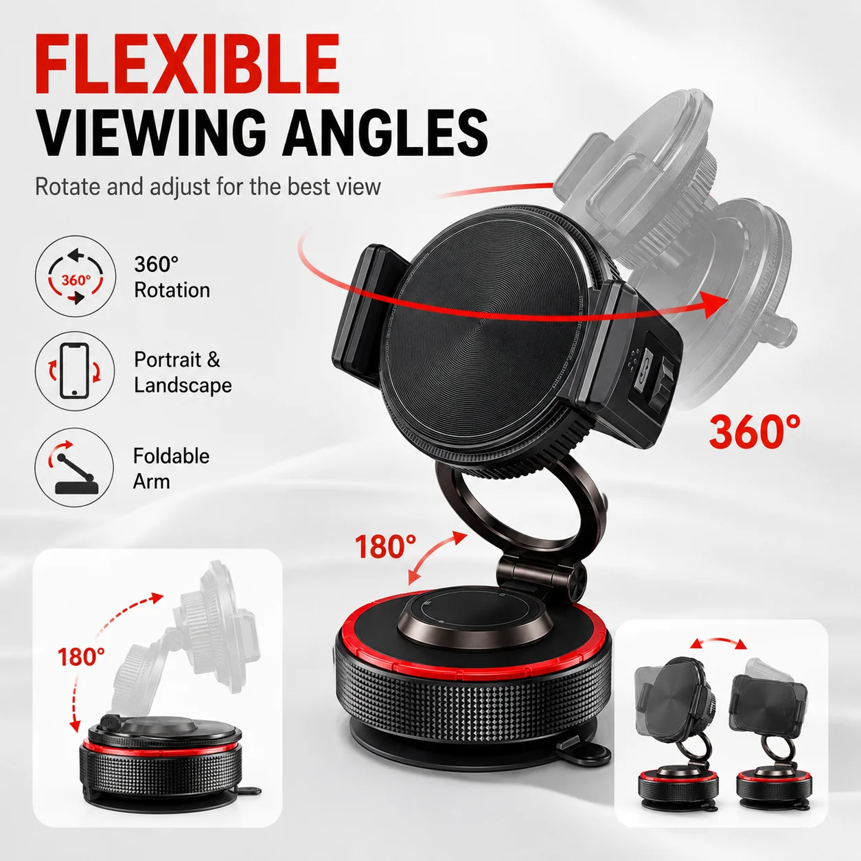 2 in 1 Suction Cup Phone Holder, Magnetic & Side Clip Foldable Car Phone Mount, 360 Rotation Dashboard Windshield Cell Phone Sta