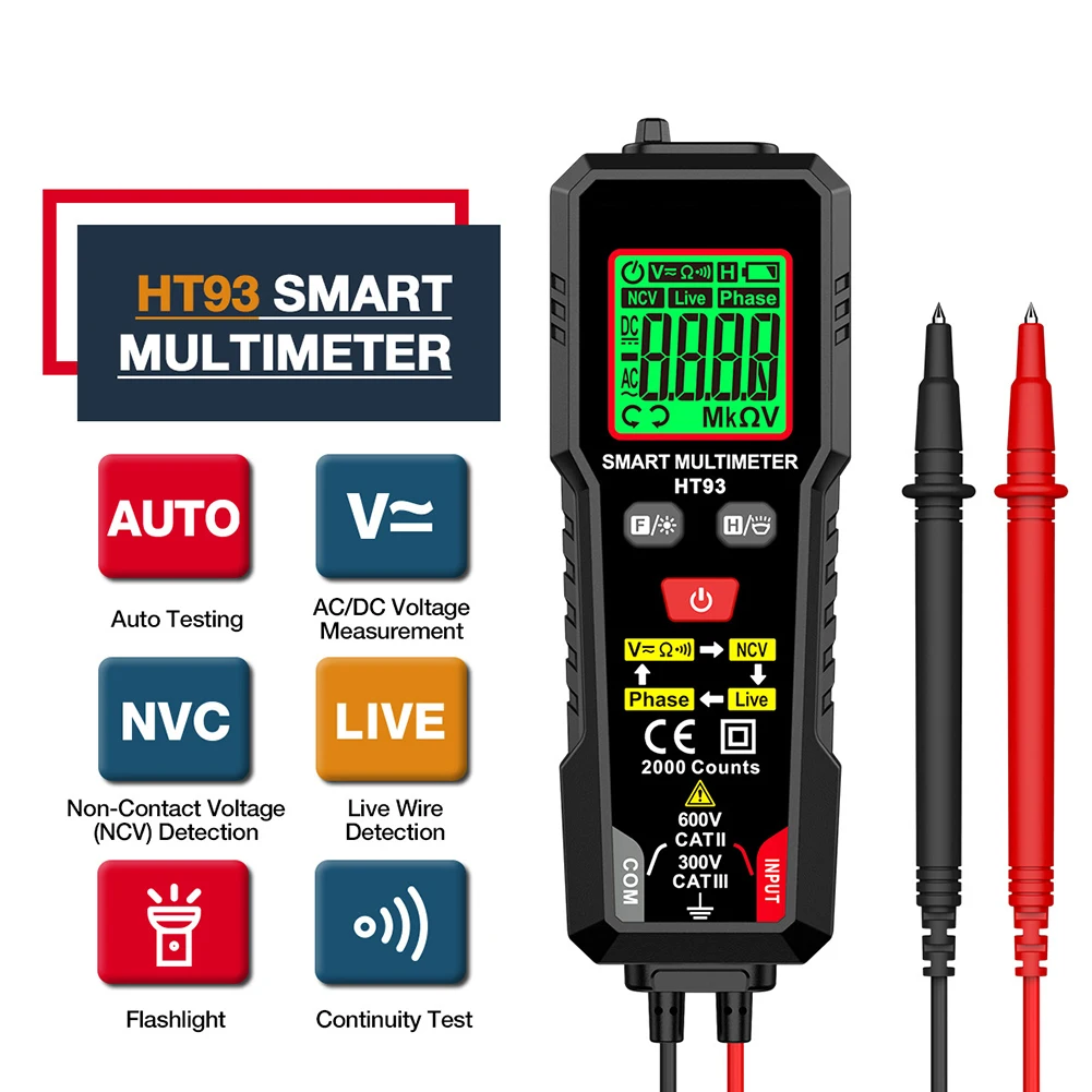 

HT93 Digital Multimeter, Voltage Tester, 2000 Count, AC/DC Voltmeter, True RMS NCV Phase Tester, Auto-Ranging Multimeter