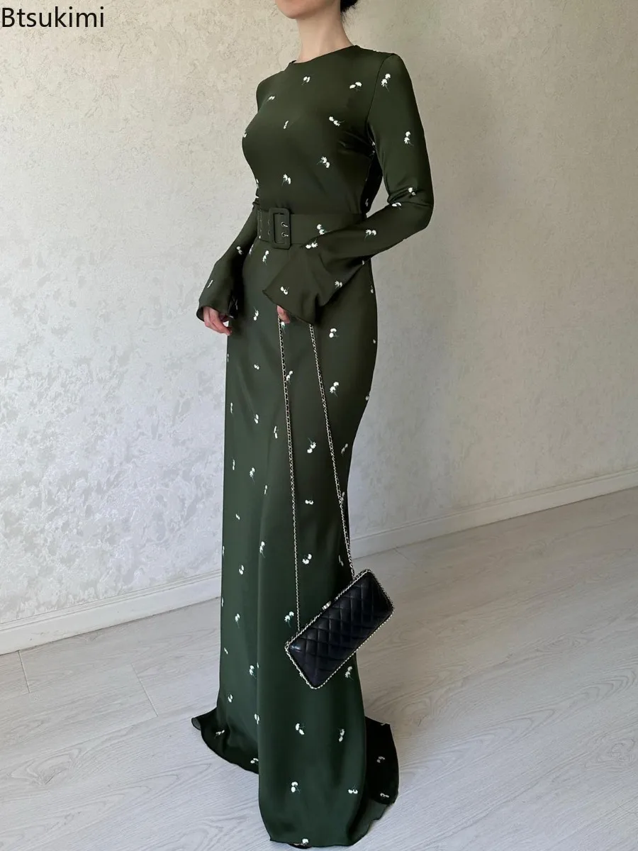 2024 Elegant Lady Maxi Dress New Flower Print Slim Belt Party Long Dresses Temperament Slim Flounced Edge A-line Dress for Women