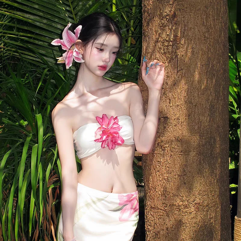 

Сексуальный женский раздельный купальник-бикини из трех предметов для отдыха на горячих источниках, с чашечками, без косточек