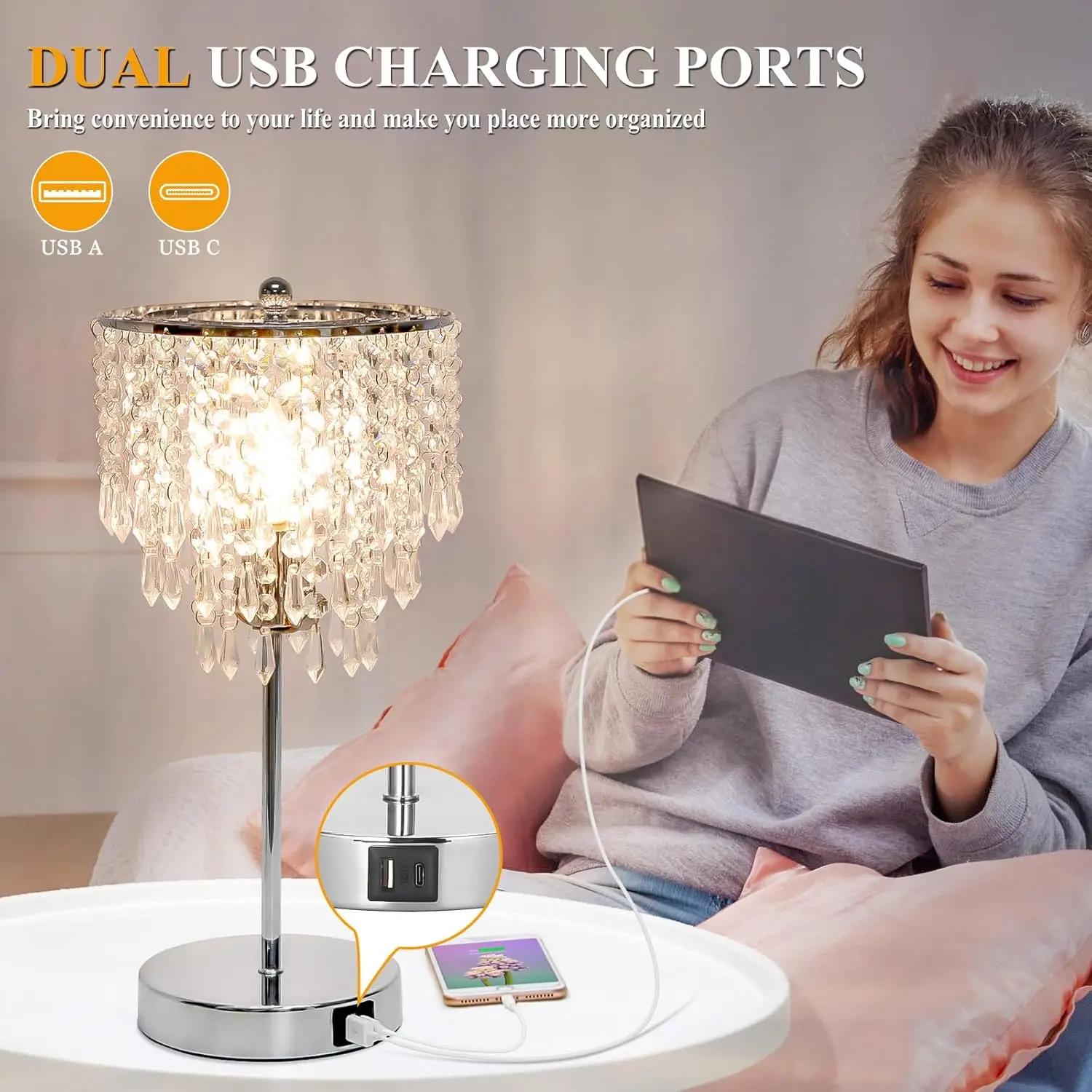 Touch Control Crystal Table Lamp with USB Charging, Dimmable LED Nightstand Light for Bedroom Living Room
