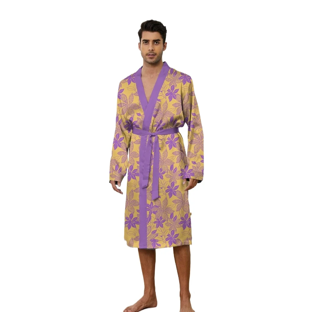 

Men's Robes 2025 New men's home Shower robe nightgown thin skin friendly 3D printed leaf pattern luxury bathrobe long sleepwear