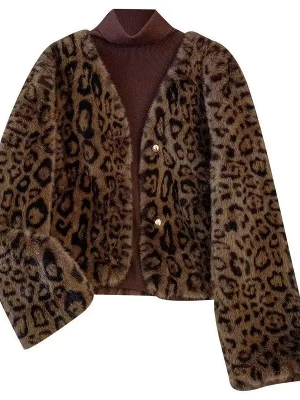   เสื้อโค้ทลายเสือดาวสำหรับผู้หญิง หนังเทียม ขนสัตว์ แต่งขอบ ดีไซน์ทันสมัย คอวี ใส่ได้ทุกวัน