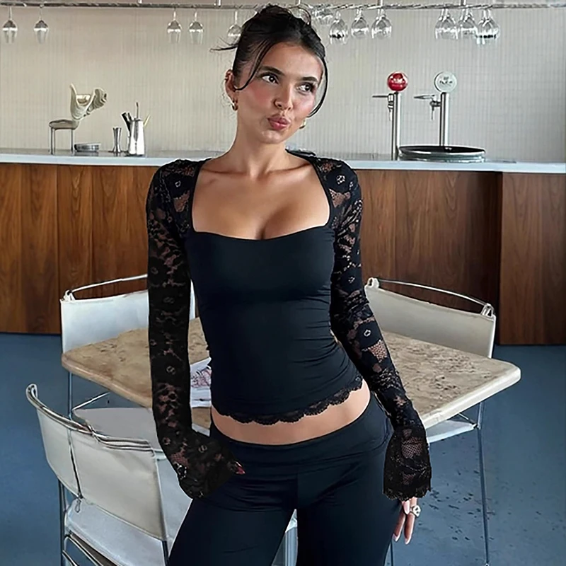 Tornova مثير الدانتيل جوفاء تي شيرت للنساء موضة يغرق انظر من خلال كم طويل علوي سليم 2025 جديد حار فتاة نادي حفلة تي شيرت #1