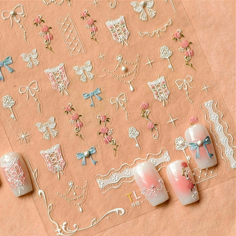 Retro Lace Corset Laced Bodice Wrap Top British Classical Dress Bowknot Rose Star Key Adhesive Nail Art Sticker Manicure Decals