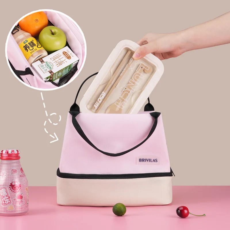 BYMONDY Oxford Cloth Layered Lunch Bags Fashion Handle Insulated Lunch Box Picnic Office Student Portable Lunch Bag Tote Cooler