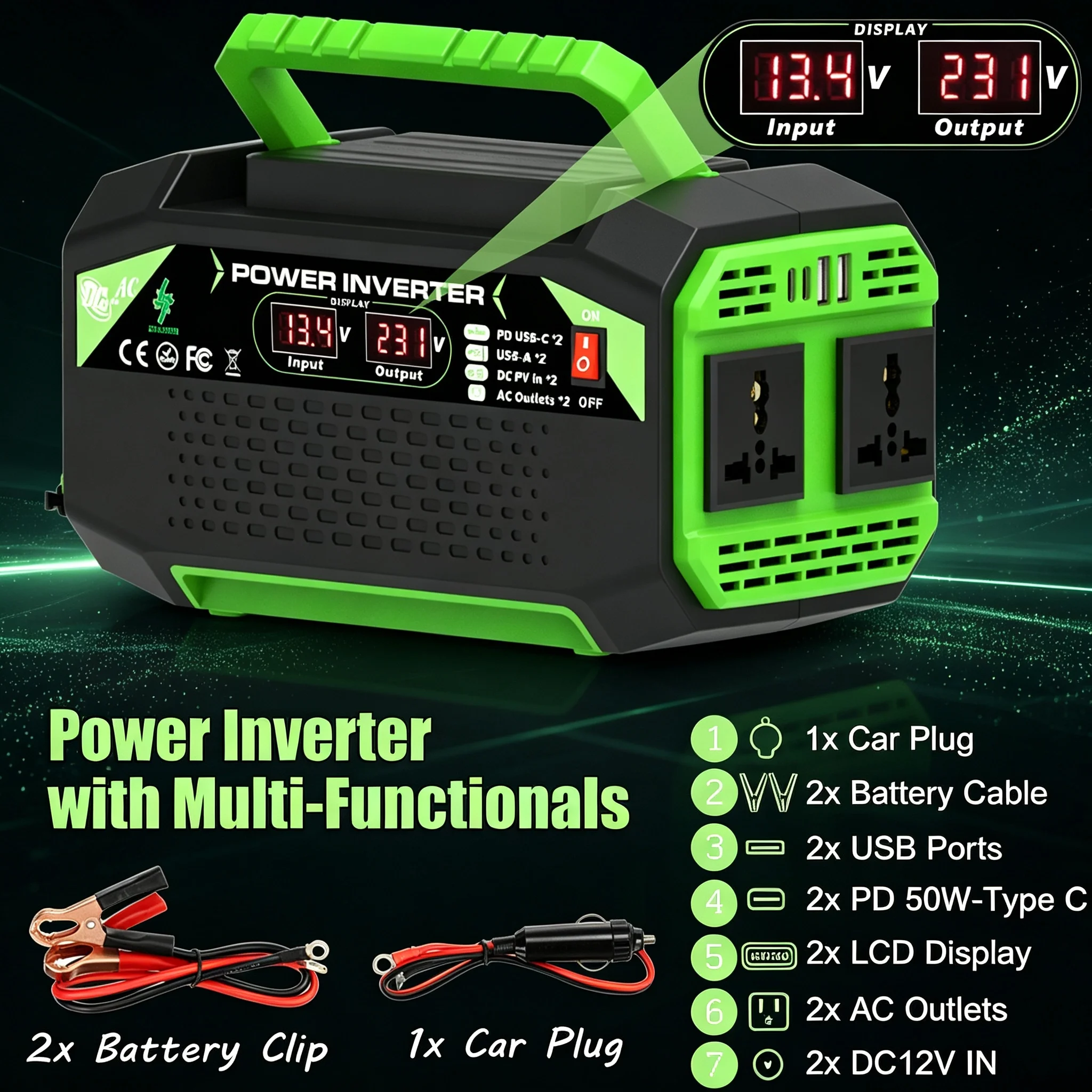 High-Quality Portable Power Converter, 5000W Car Power Inverter, 12V to 220V, Universal Socket, Universal Cigarette Lighter/Charging Clip, Suitable for Cars, Trucks, Camping, Offices, Road Trips, Etc., Car Fast Charger.