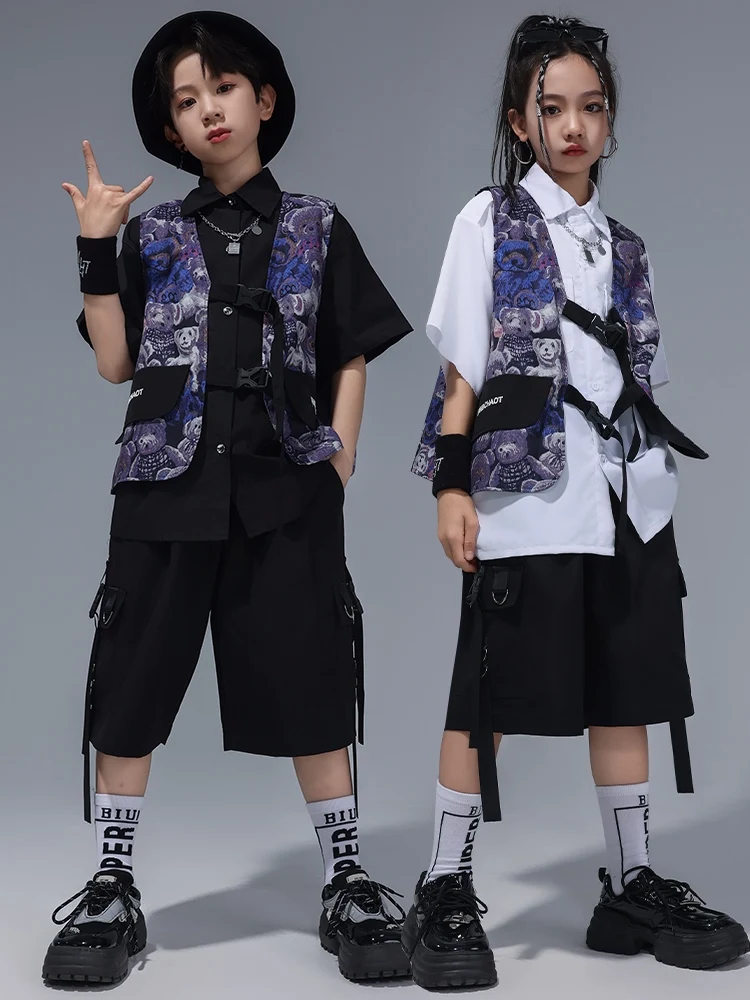 Summer Boys Hip Hop Performance Clothes Trend Vest Short Sleeves Shirts Girls Concert Jazz Dance Clothing Summer Kids Sets 13126