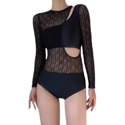 2022 New Summer INS Style Long Sleeve One Piece Black Sexy Hollow Through Meat Pure Desire Wind Soaking Hot Spring Swimwear