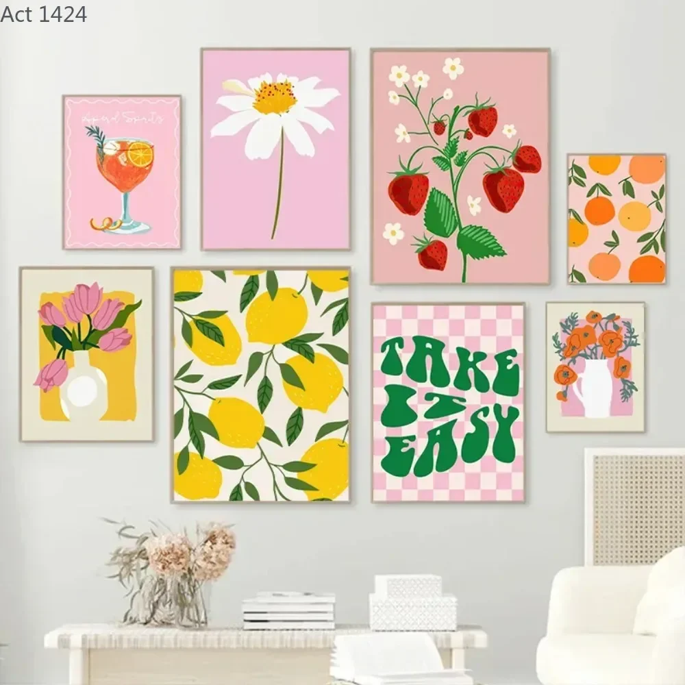 Colorful Lemon Strawberry Flower Modern Canvas Painting Nordic Posters Bedroom Wall Arts Decor
