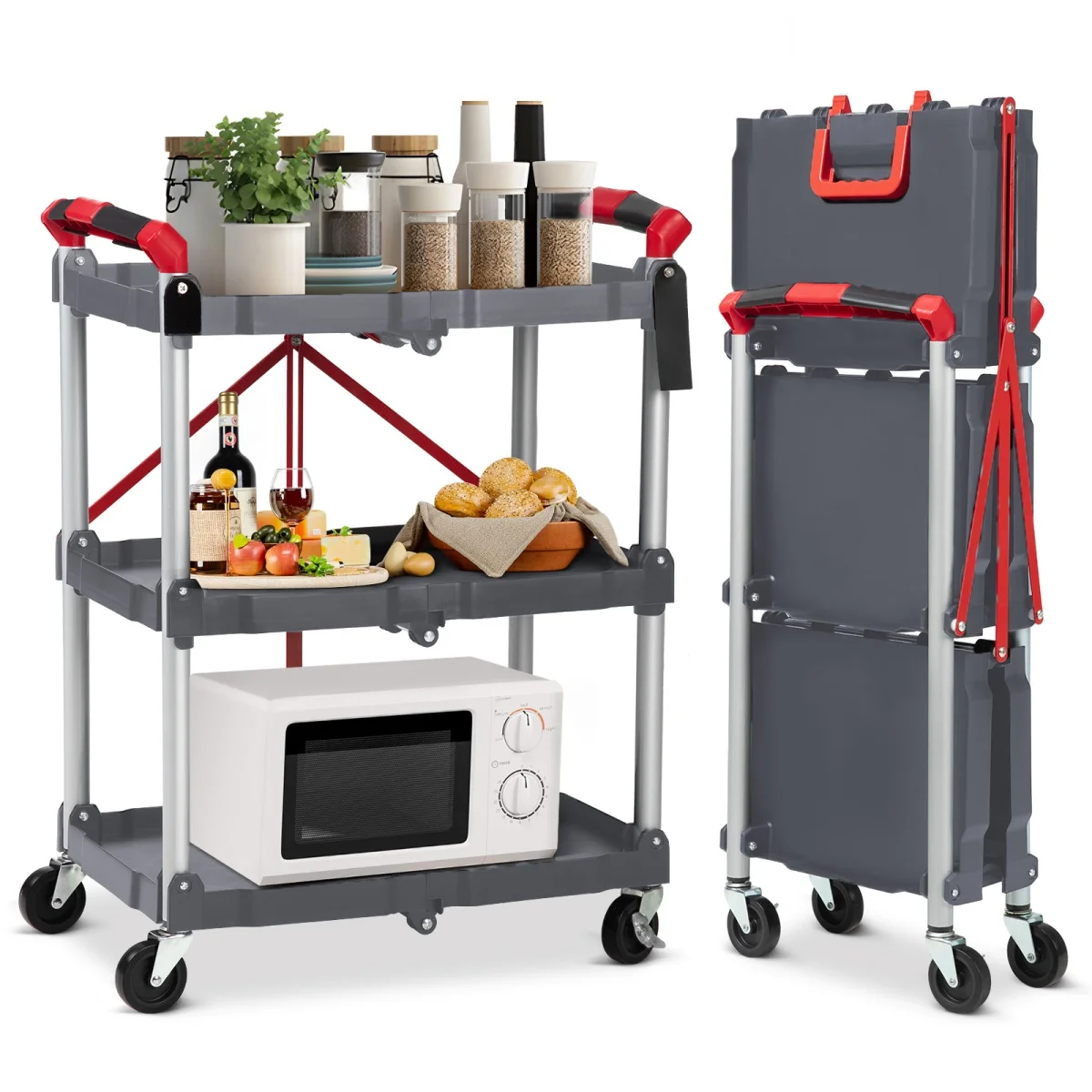 Collapsible Service Cart 3-Tier Portable Folding Utility Cart with 2 Lockable Wheels for Home/Commercial/Office/Warehouse