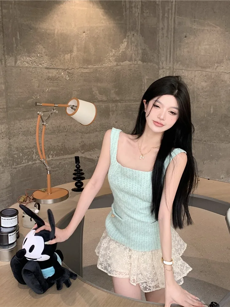 เสื้อกั๊กสายรัดผู้หญิงฤดูร้อนสลิมฟิต สเวลคอเหลี่ยมสวมใส่ด้านในแจ๊กเก็ตคุณภาพสูงแฟชั่นเดินทาง Sle