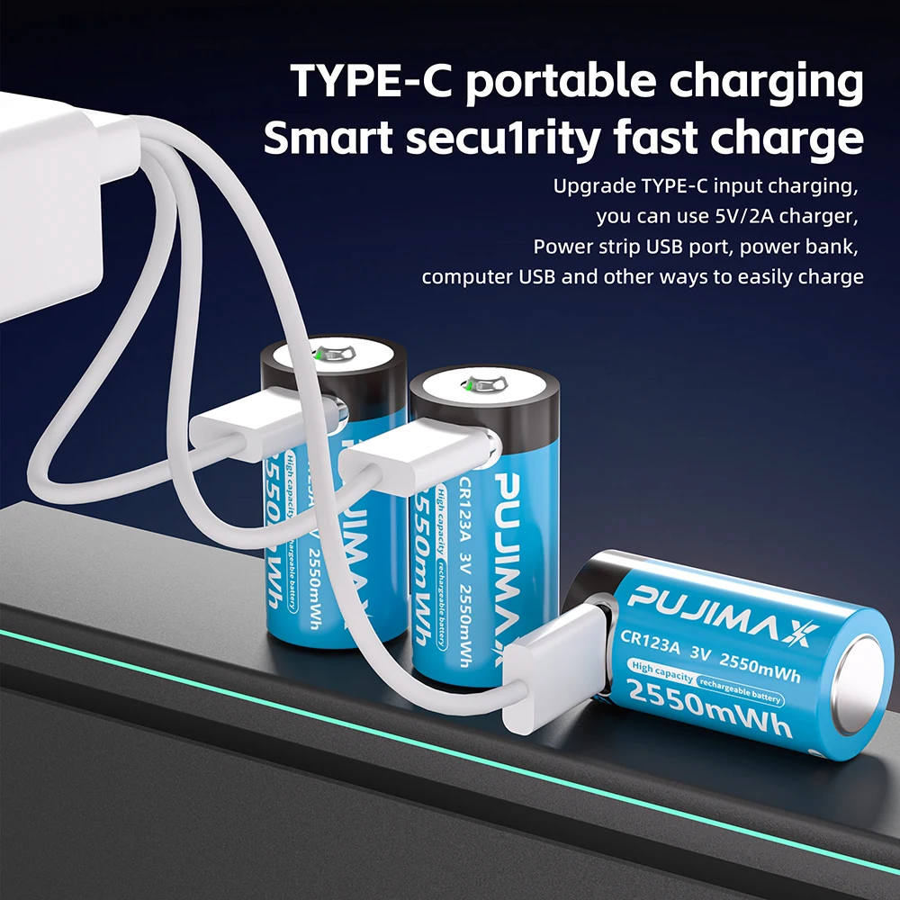 PUJIMAX Type-C Rechargeable CR123A 2550mWh 3V Lithium Battery Rechargeable Battery High Capacity  Portable Stable Output
