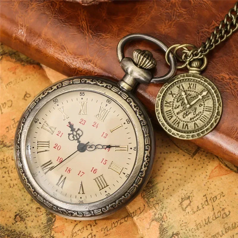 Old Fashion Clock Open Face Design Retro Quartz Pocket Watch for Men Women Fob Compass with Necklace Chain Reloj De Bolsillo