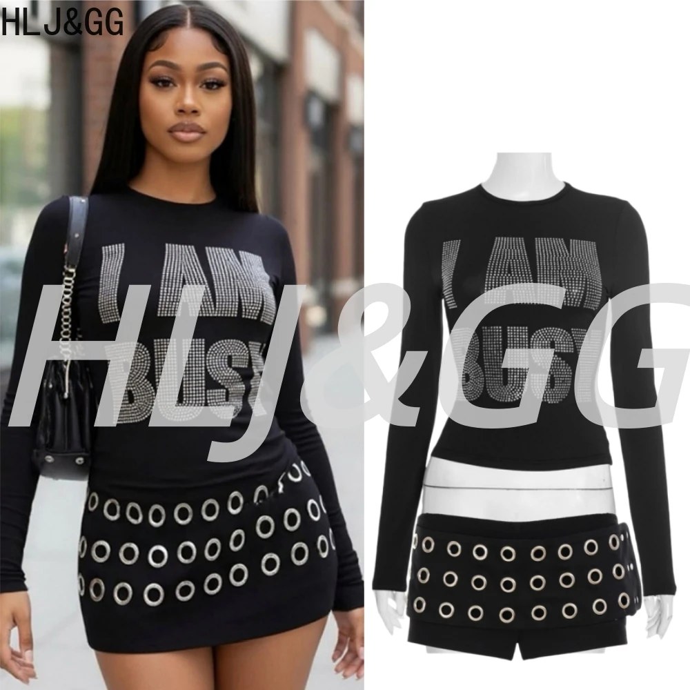 

HLJ&GG Fashion Hot Girl Rhinestone Letter Long Sleeve Crop Tops Women Round Neck Long Sleeve Minimalist Tshirt Autumn Streetwear
