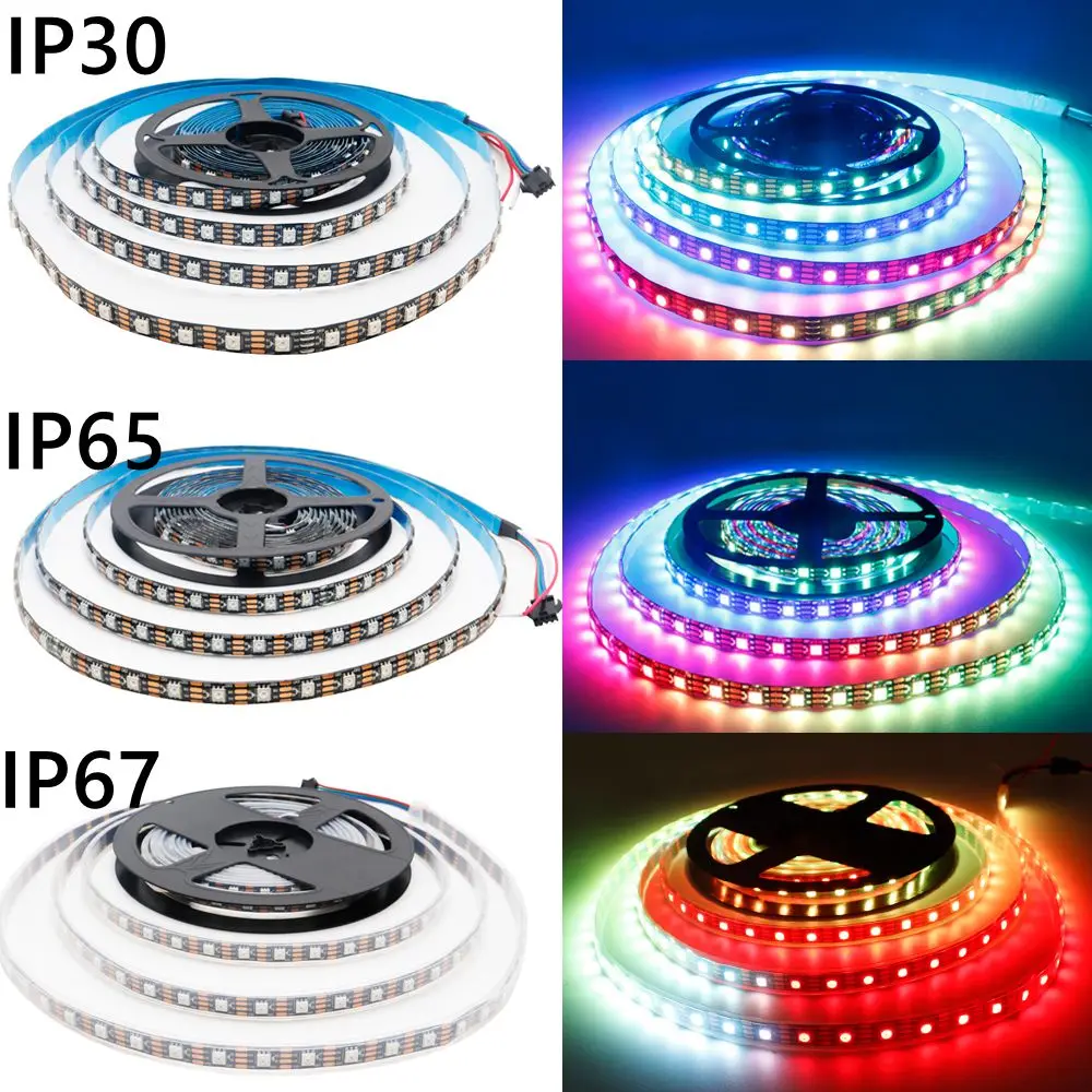 Imagem -04 - Fita de Iluminação Led Endereçável Individualmente Ws2811 Ws2812b Ws2813 Ws2815 5050rgb 30 60 144pixels Leds m Preto Branco Pcb dc 5v 12v