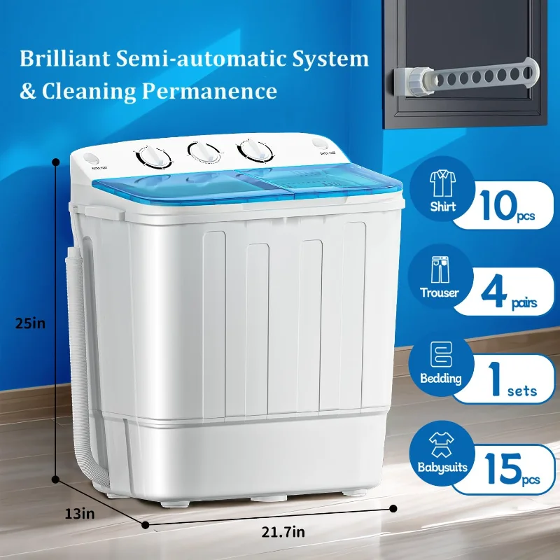 Portable Twin Tub Washing Machine, Buy 1(washer) Get 1(Dry Rack) Free! 11lbs Washer Mini Compact Laundry Machine and 7lbs