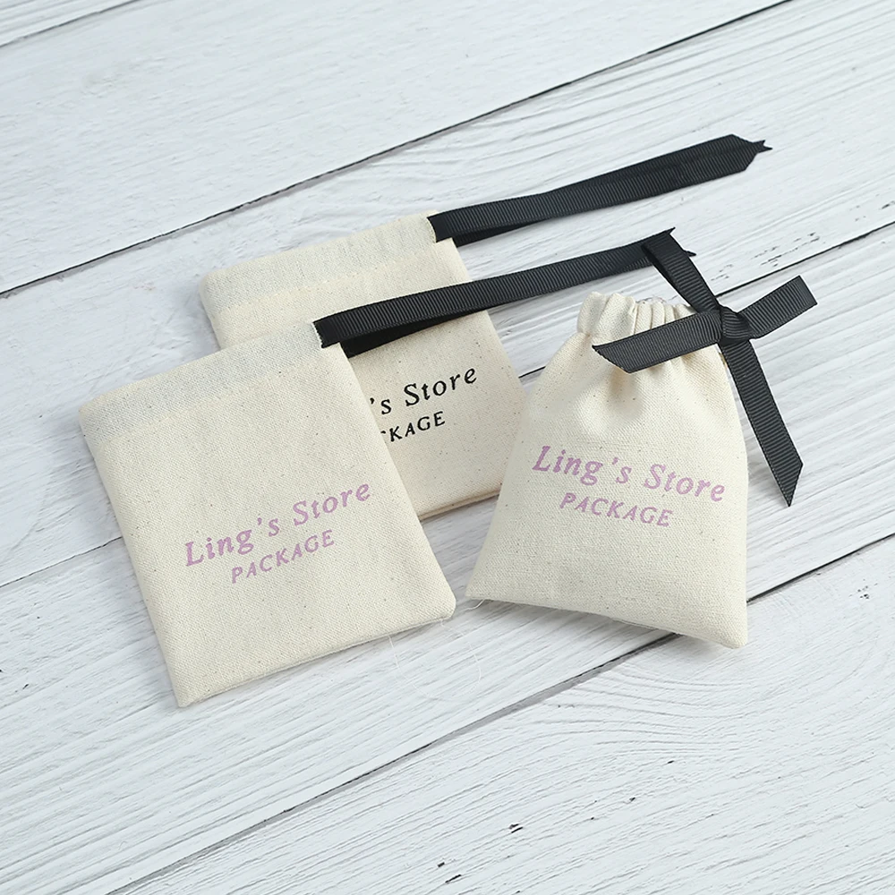 

100pcs Custom Logo Jewelry Gift Bags Cotton Burlap Pouches Drawstring Packaging for Makeup Wedding Favor Nature Canvas Candy Bag