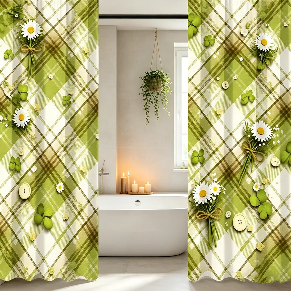 2PCS Digital Printed Curtains, Daisy Green Plaid Farmhouse Style, Rod Pocket Window Drapes for Living Room Bedroom Decor