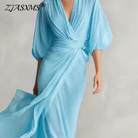 Spring Puff Half Sleeve Evening Dress Woman Elegant Deep V Neck Wrap Tie Waist Flowy Maxi Dress Summer Vacation Beach Long Dress