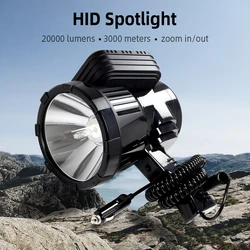 Zoomabe Flashlight Powerful Searchlight 1000W High Lumen 20000LM Hunting Spotlight 12v Long Range Strong Light Work Light Torch