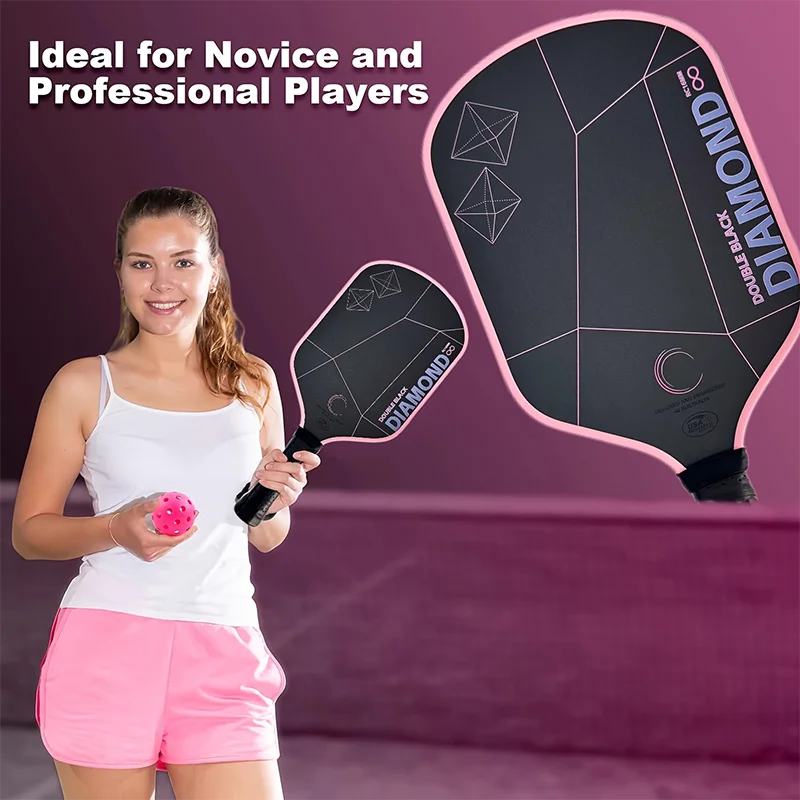 

Dual Pink Diamond 16mm pickleball paddle, T700 carbon fiber, matte black surface, good spin performance.