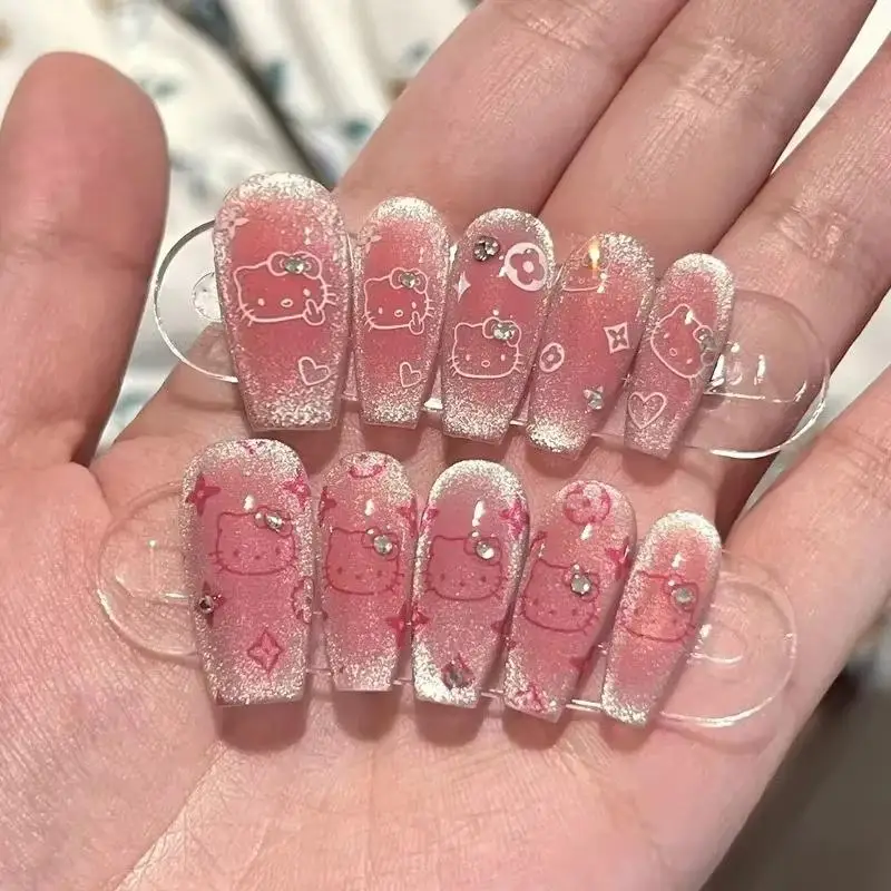 10 pçs sanrio anime kawaii olá kitty mão-desgastado encantos de unhas bonito dos desenhos animados puro artesanal removível adesivo remendo presentes das meninas